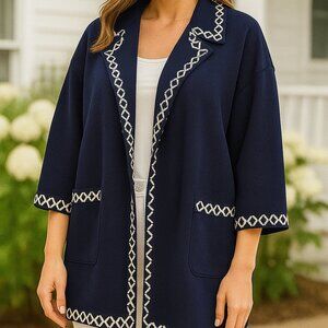 ST JOHN Navy Knit Cardigan with White Piping - Size Medium NWT